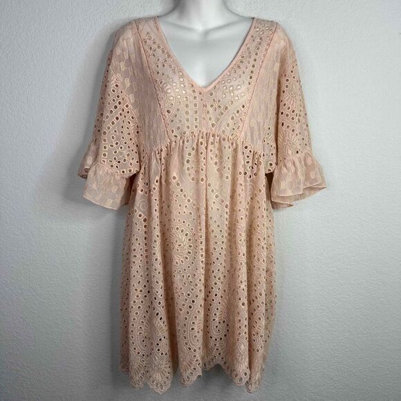 Akemi + Kin Dress Women's Size 0 Pink Eyelet Crochet Boho Whimsical Babydoll - Picture 1 of 9